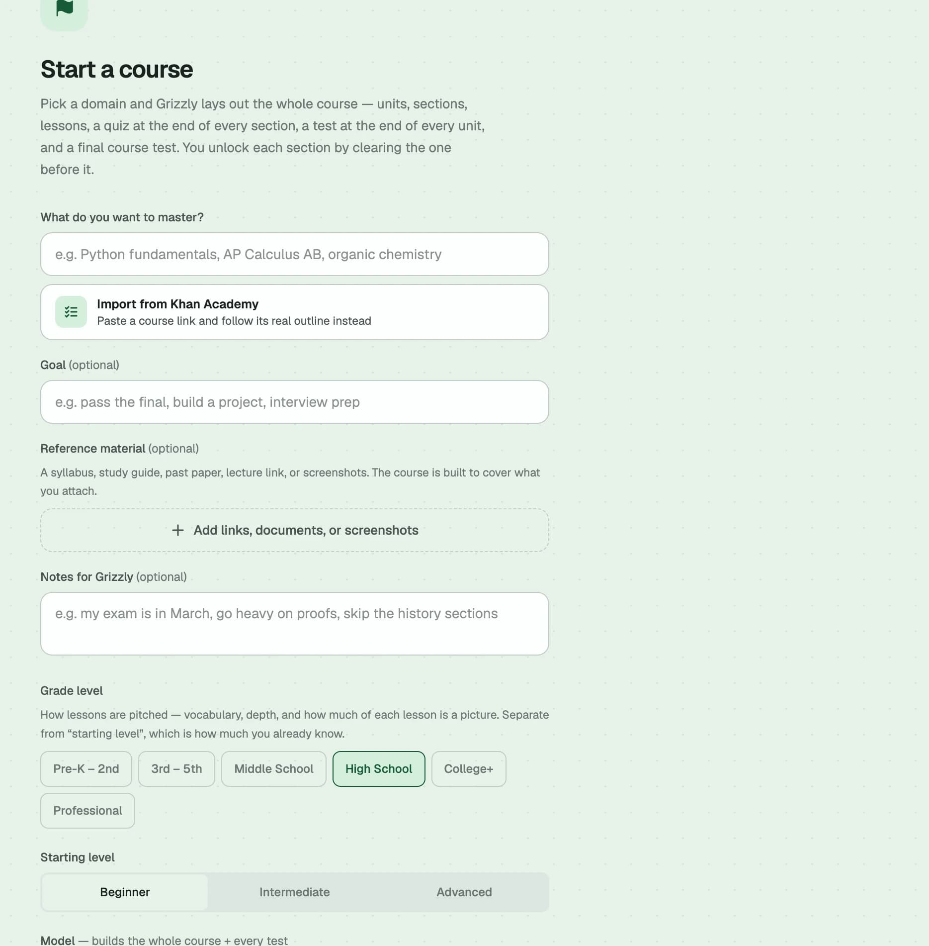 The Start a course form: what to master, an optional goal, reference material, notes for Grizzly, grade level, and starting level.
