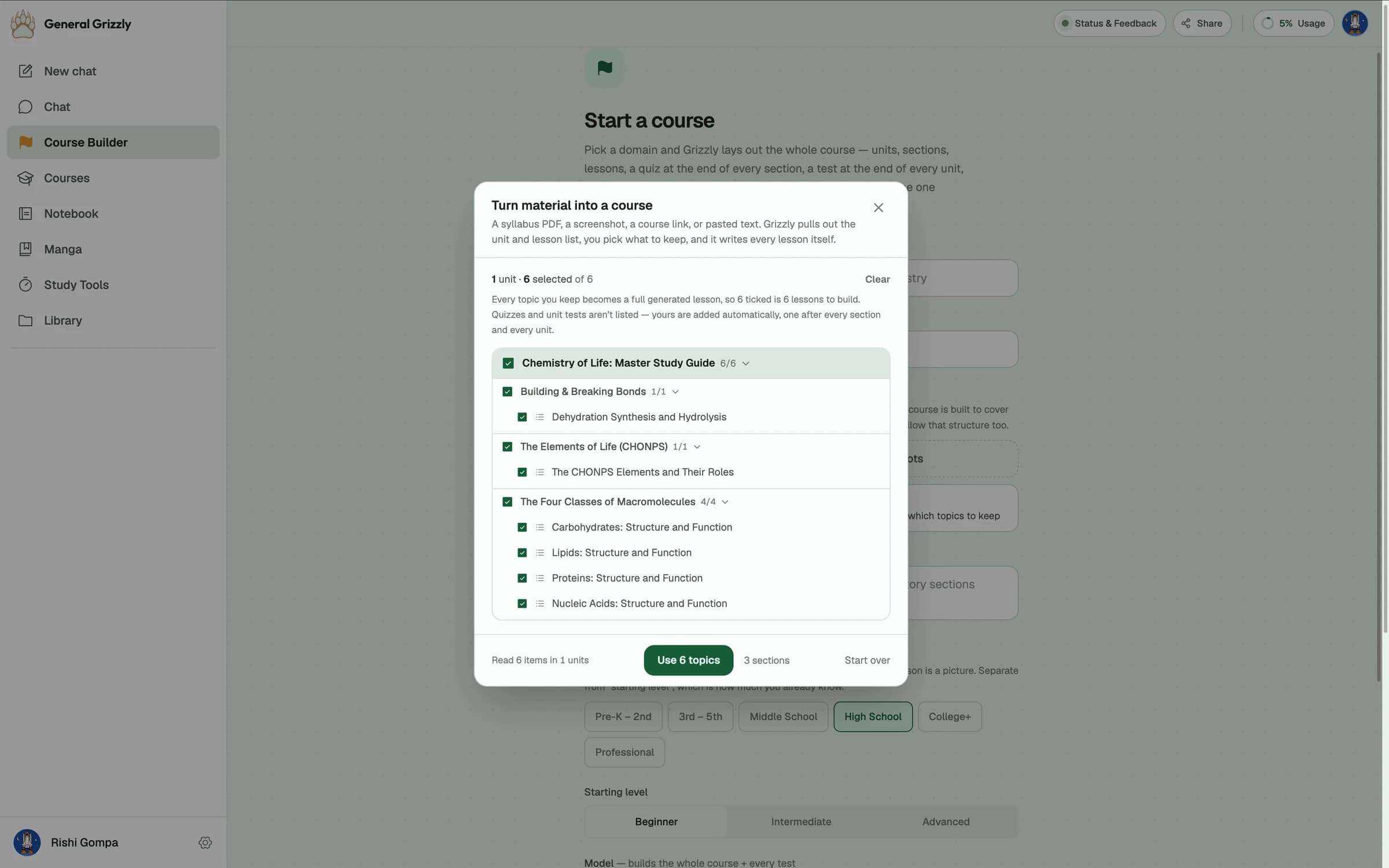 The Turn material into a course panel: an imported outline for a Chemistry of Life study guide, with its units, sections and six lesson topics each ticked, ready to build.