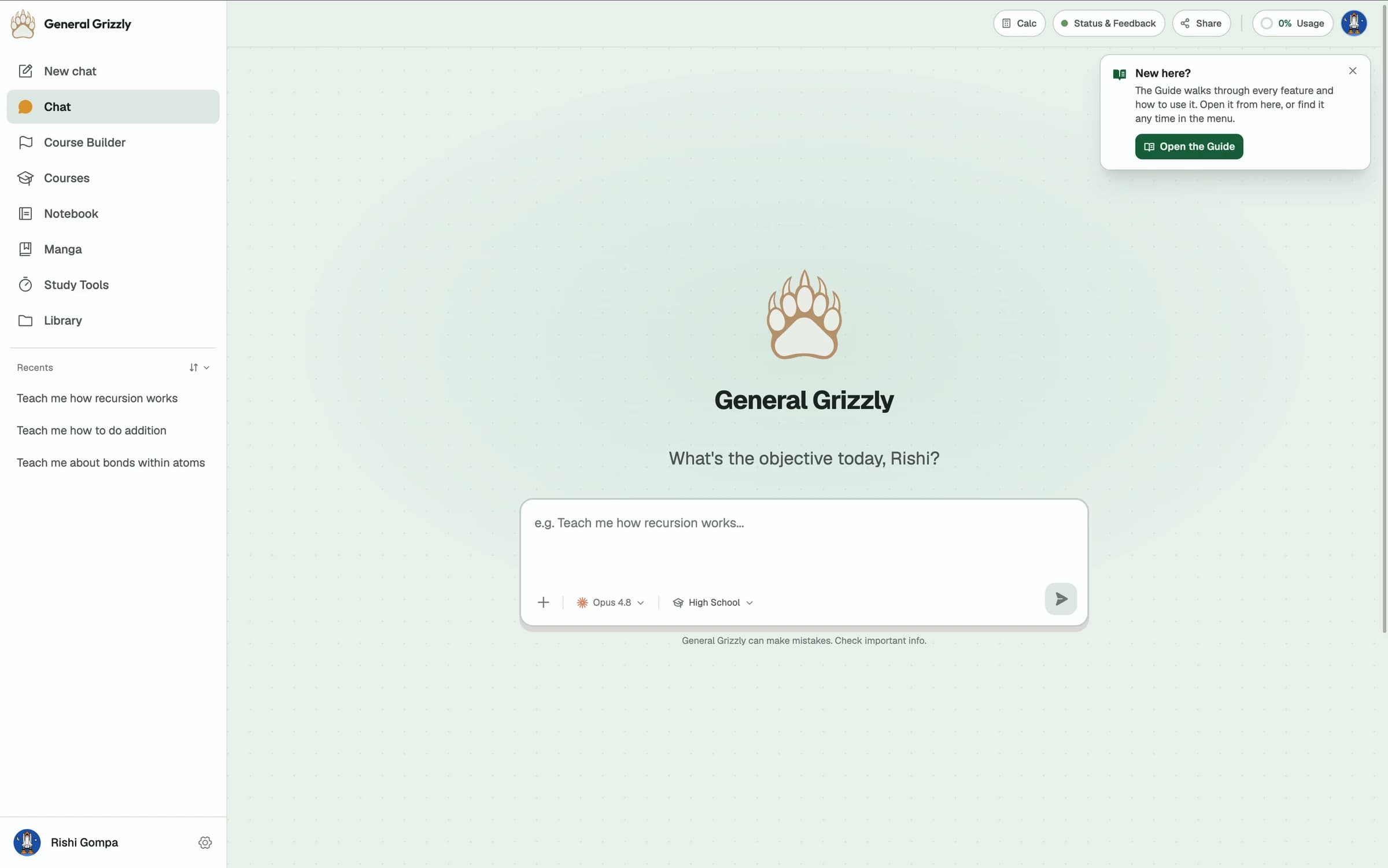 The General Grizzly app: a sidebar of Chat, Course Builder, Courses, Notebook, Manga, Study Tools and Library, beside a chat composer asking what the objective is today.