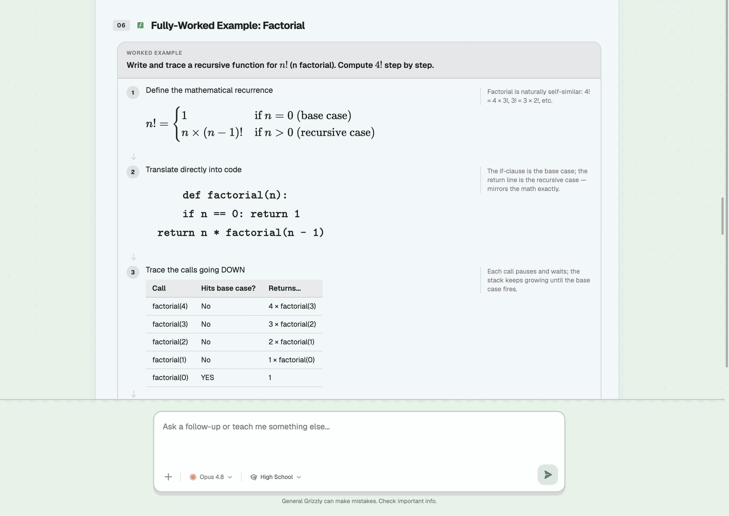 A chat lesson walking through a fully-worked recursive factorial example, step by step.