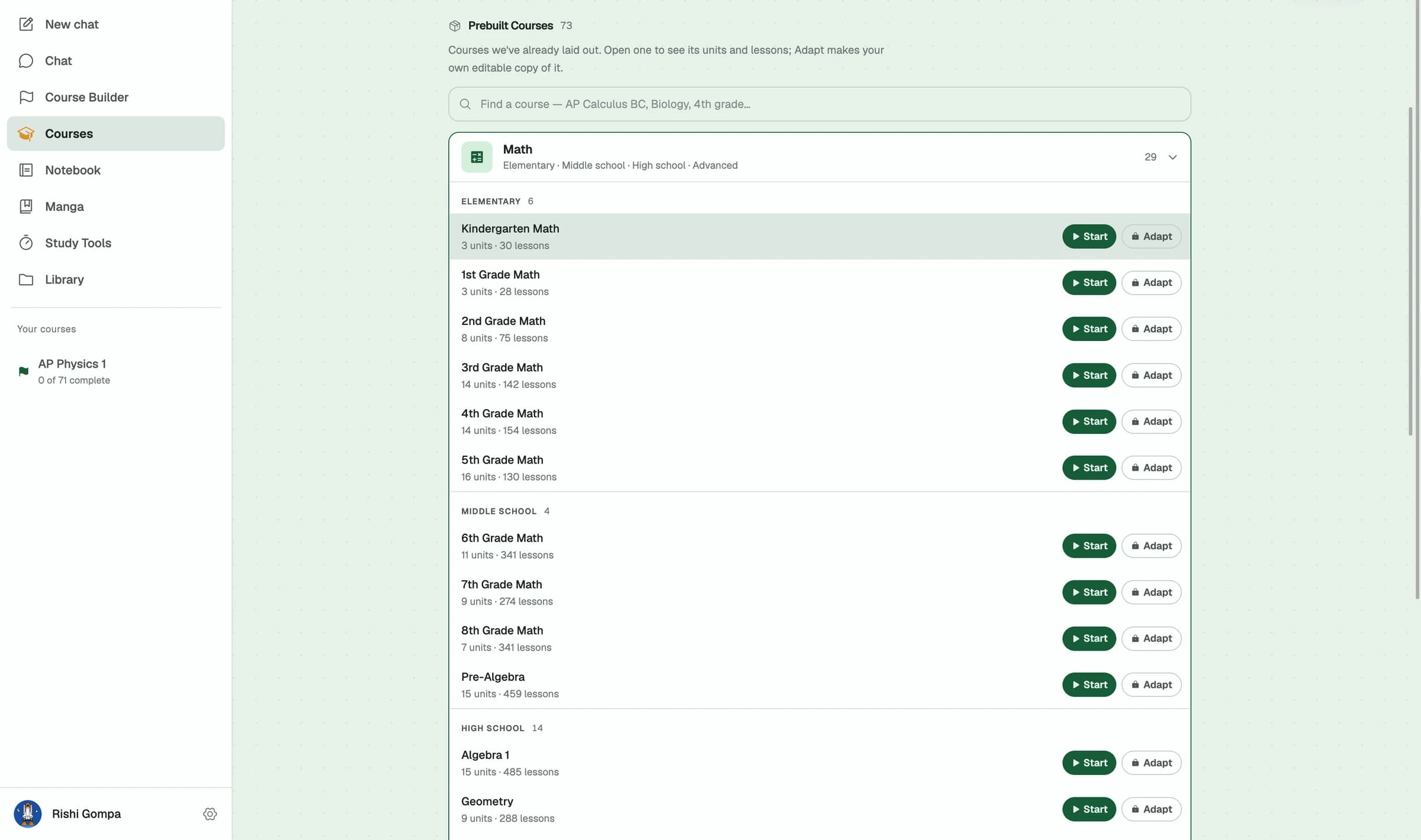 The prebuilt course shelf: 73 ready-made courses grouped by level, from Kindergarten Math through Algebra and Geometry, each showing its unit and lesson count with Start and Adapt buttons.