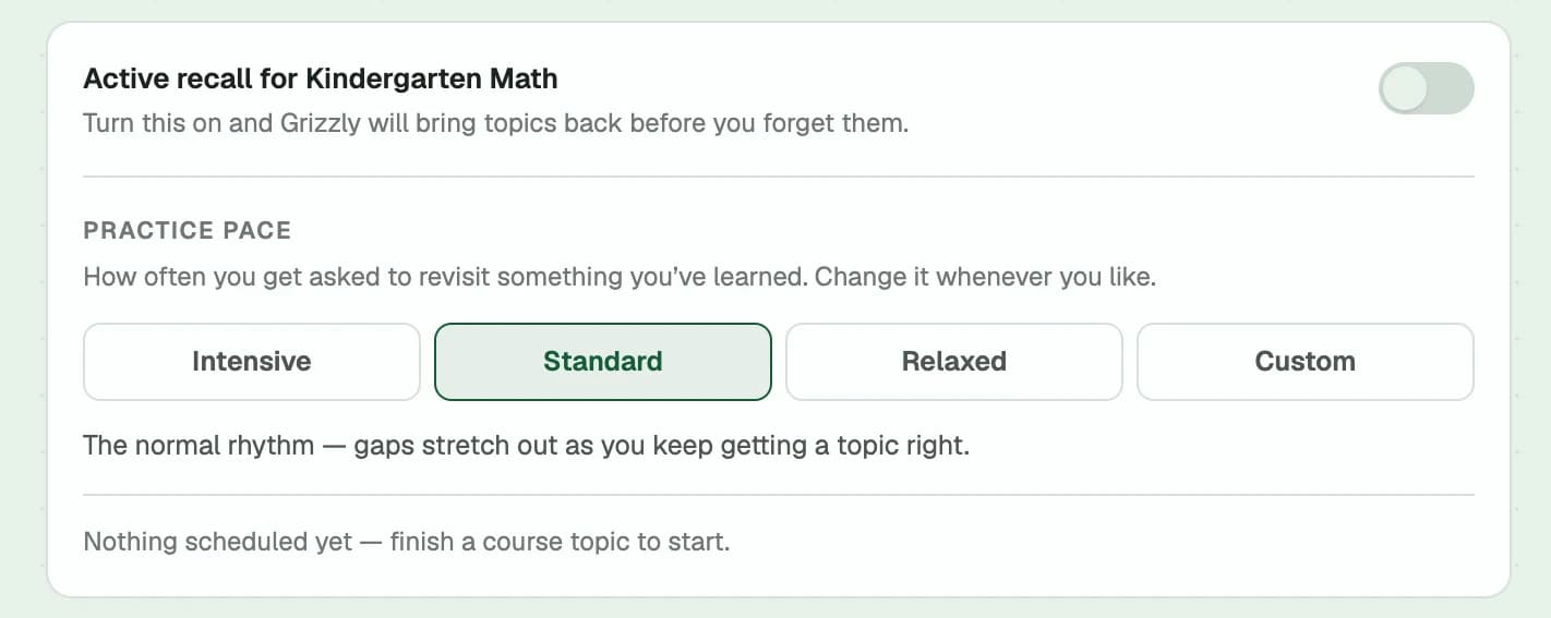 The active recall toggle and practice pace picker for a course: Intensive, Standard, Relaxed, or Custom.