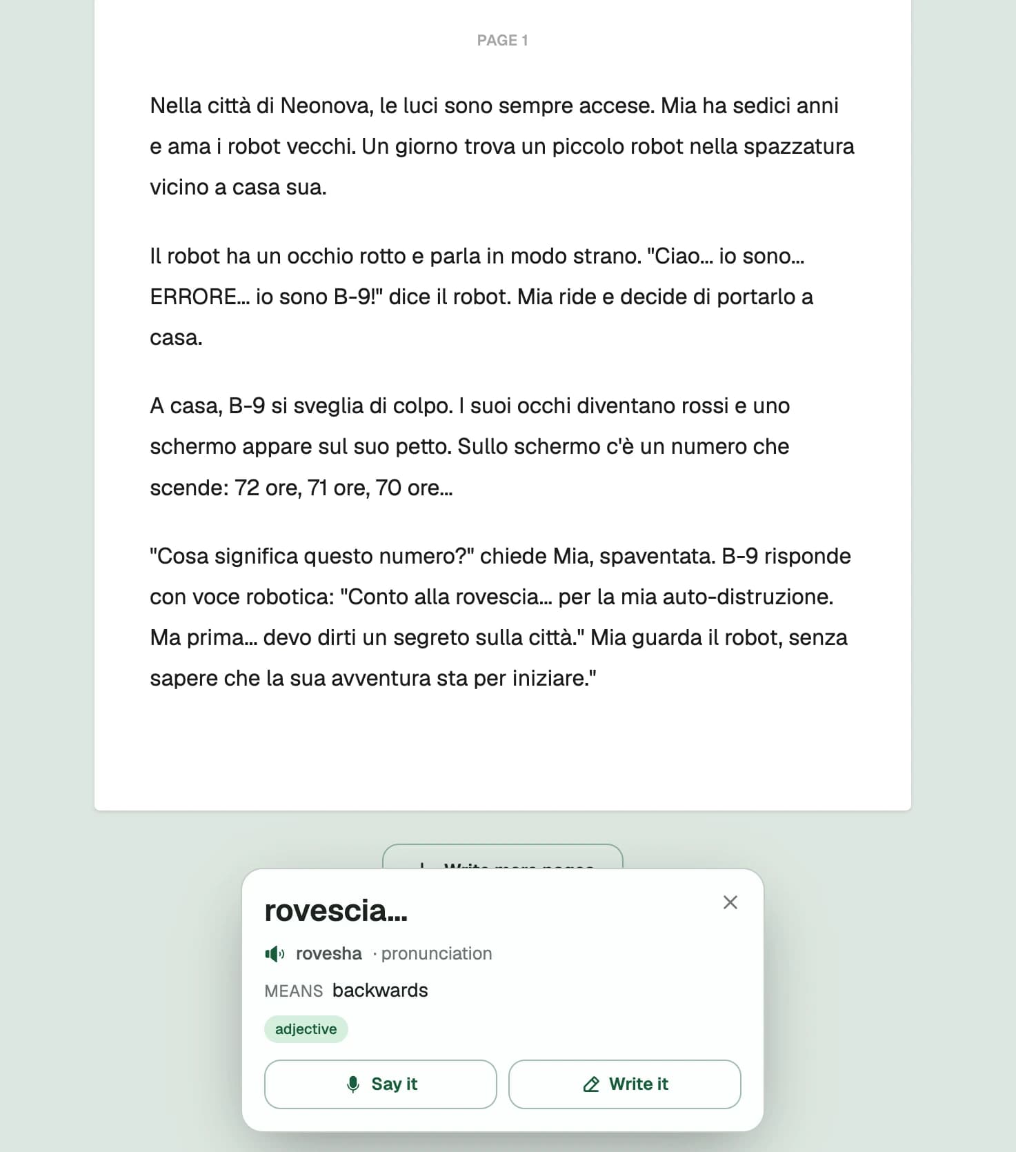 An Italian manga page with a tapped word's dictionary card open, showing pronunciation, meaning, and practice buttons.
