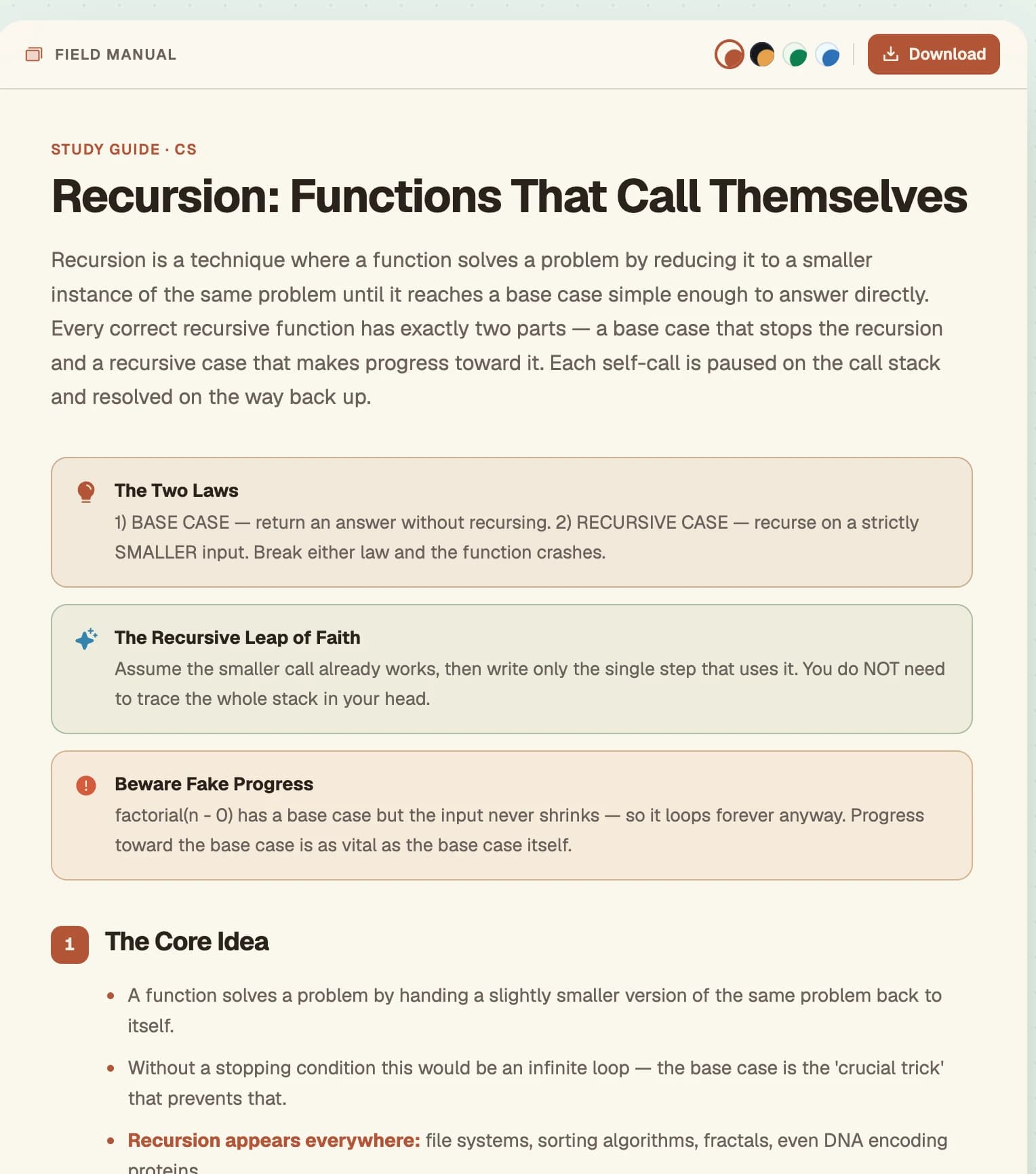 A generated study guide, styled as a themeable field manual document, with Guide, Blurting, Worksheet, Flashcards, and Quiz mode tabs.