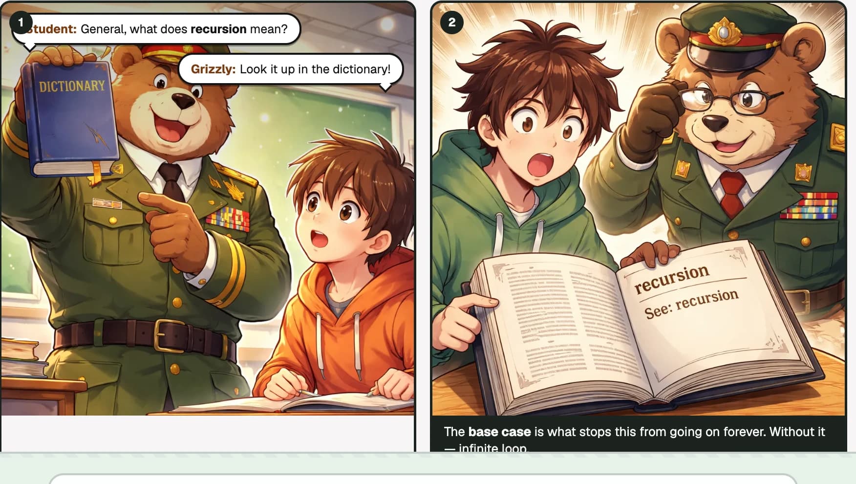 An illustrated two-panel lesson opener: General Grizzly explains recursion to a student with a dictionary joke, ending on the base case as what stops it from looping forever.